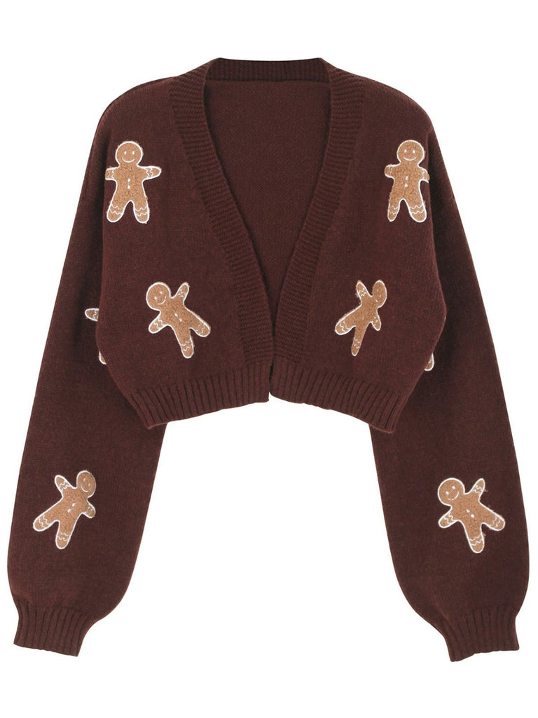 Brown 1960s Christmas Gingerbread Cropped Sweater Cardigan