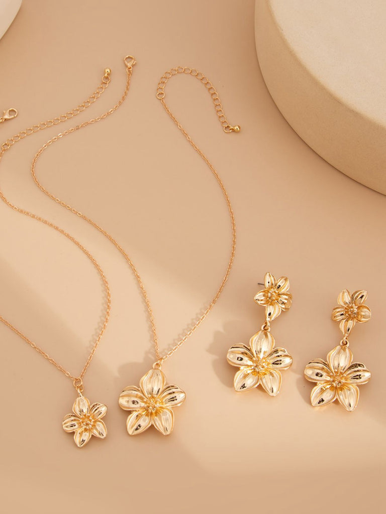 Floral Double Clavicle Necklace & Earrings Set