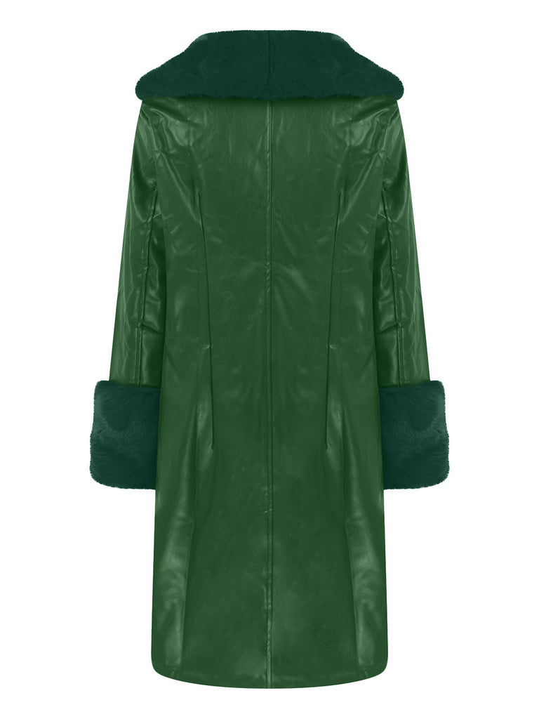 1940s Lapel Fur Collar Zip PU Leather Coat