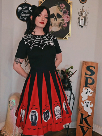 1950s Halloween Spider Web Print Patchwork Dress