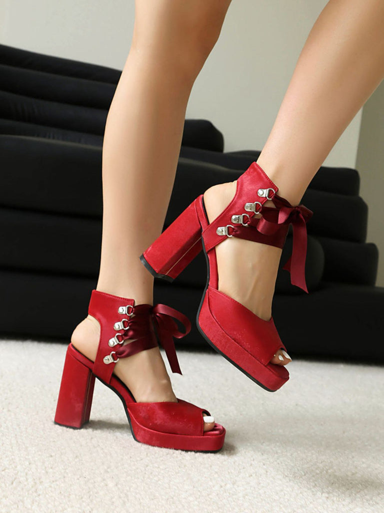 Ribbon Bow Lace-Up Chunky Heel Sandals