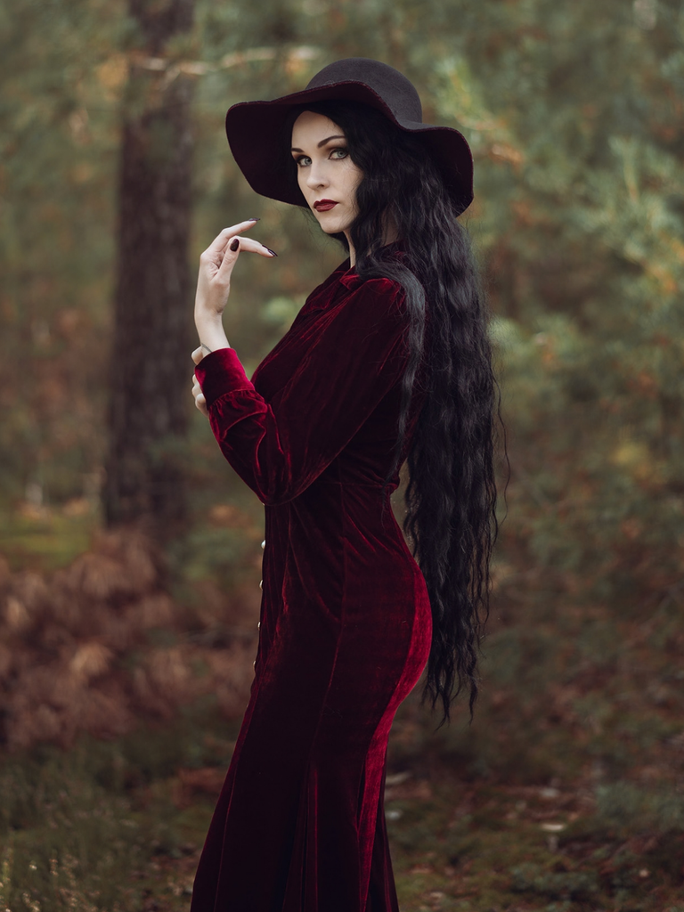 Red 1930s Velvet Pearl Lantern Sleeve Mermaid Dress