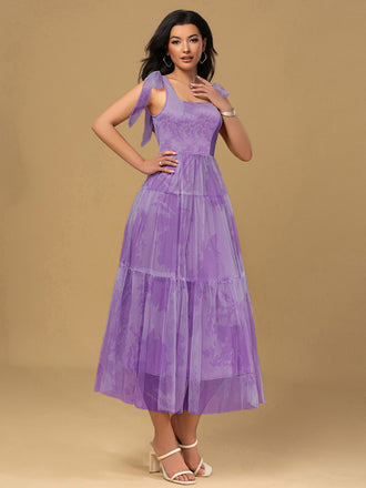 Lavender 1930s Floral Lace-Up Mesh Dress