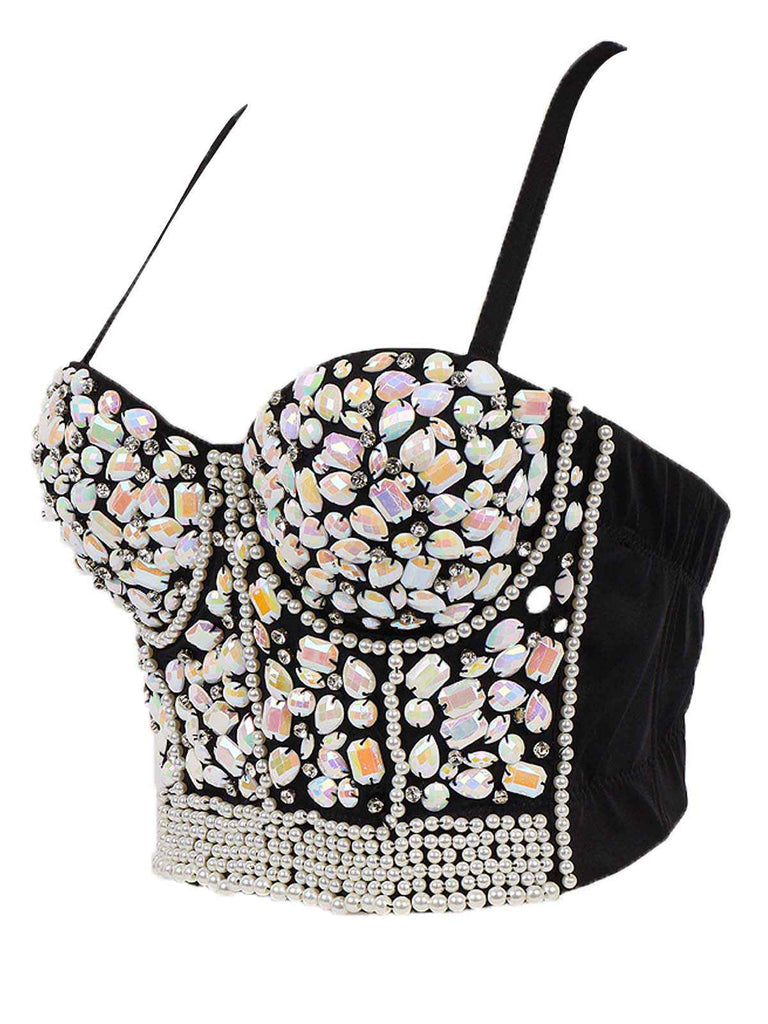 1970s Rhinestone Pearl Spaghetti Strap Corset Top