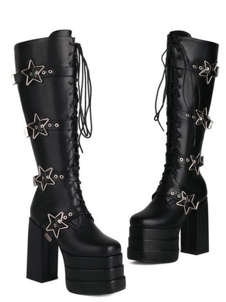 Black Star Button Gothic Platform High Heels Boots
