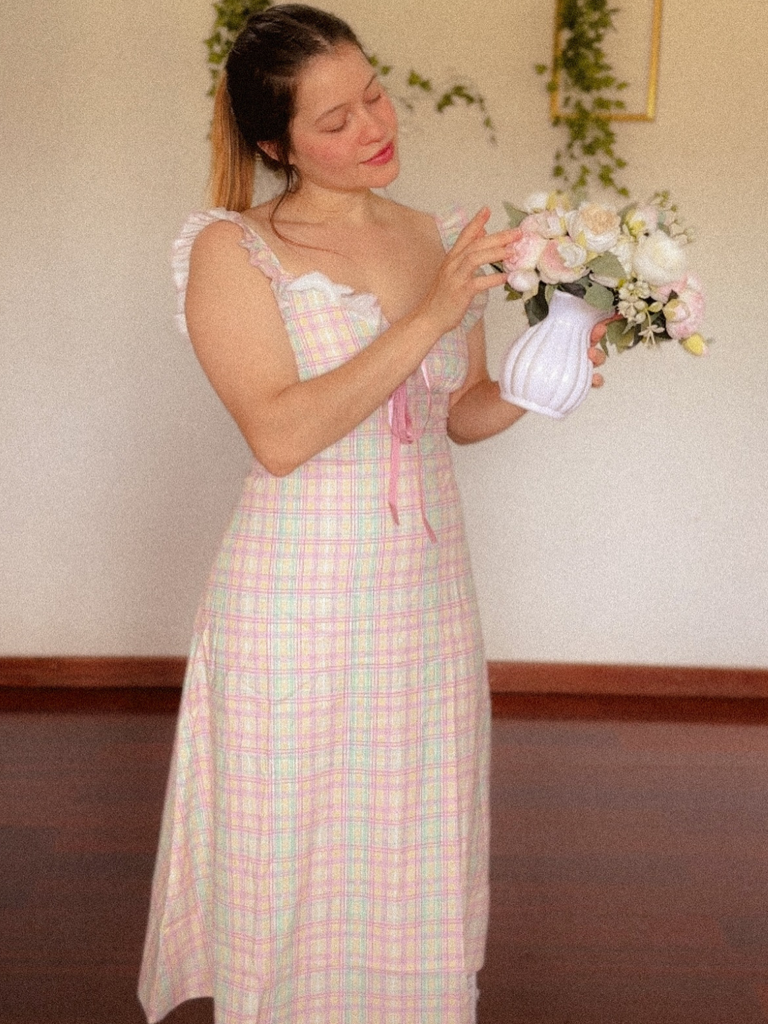 1950s Pastel Plaid Ruffled Bow Sweetheart Neck Swing Dress