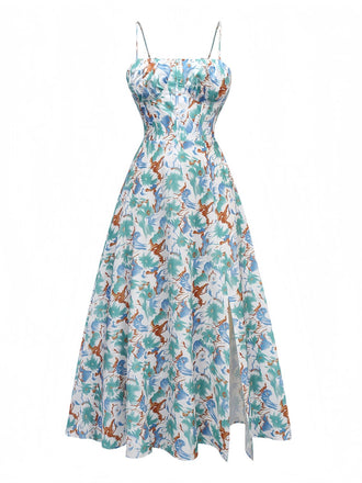 1950s Spaghetti Strap Floral Backless Side Slit Dress