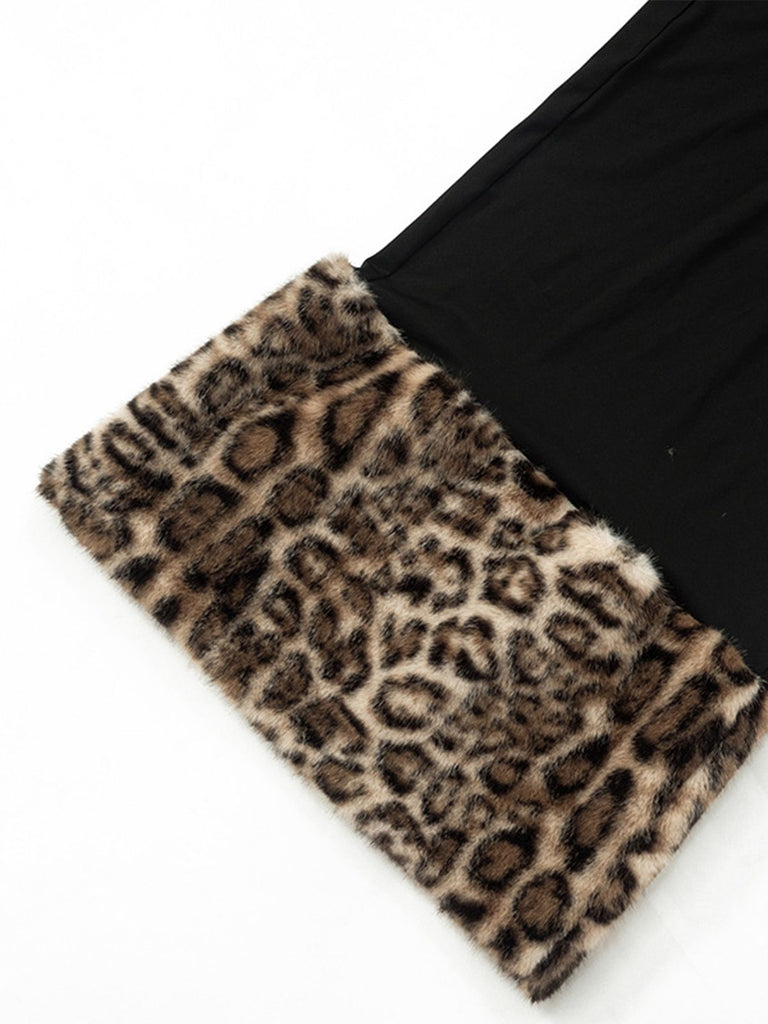 Black 1930s Leopard Fur Patchwork One-shoulder Dress