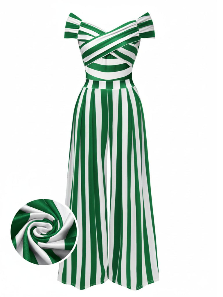 [Pre-Sale] Green 1960s Off-Shoulder Stripes Jumpsuit