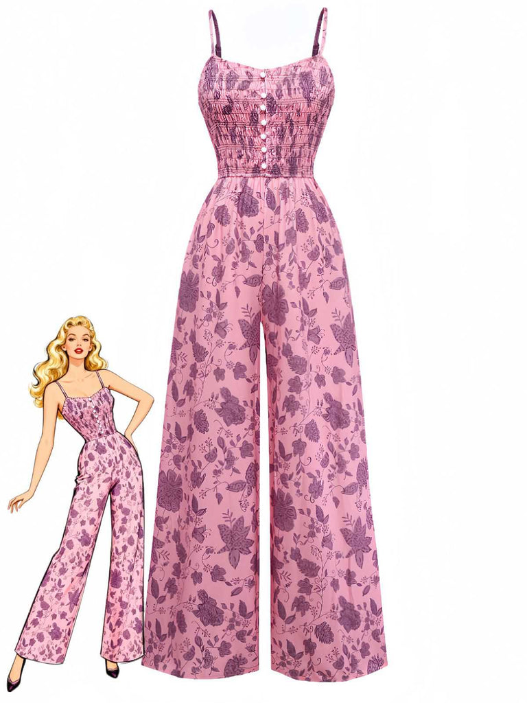Pink 1970s Spaghetti Strap Floral Smocked Jumpsuit