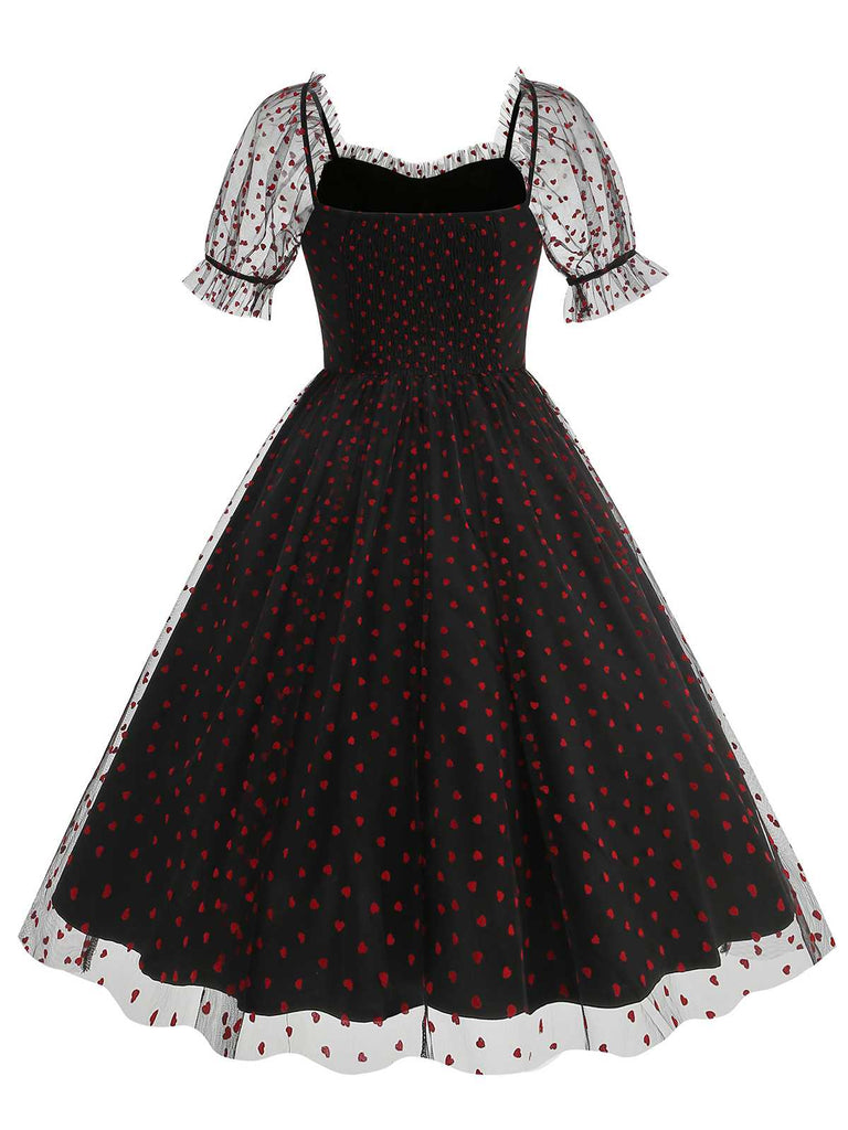 1950s Puff Sleeve Valentine Heart Mesh Dress