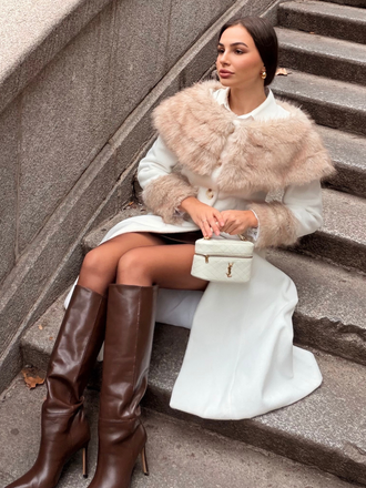 Cream 1950s Multi-Layer Fur Collar Patchwork Coat