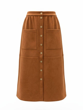 Brown 1960s Corduroy Button Front Pocket Midi Skirt