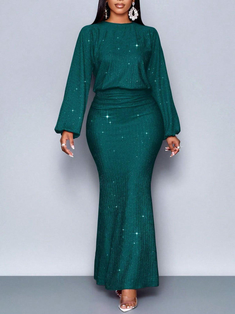 1930s Glitter Ruched Lantern Sleeve Knit Fishtail Dress