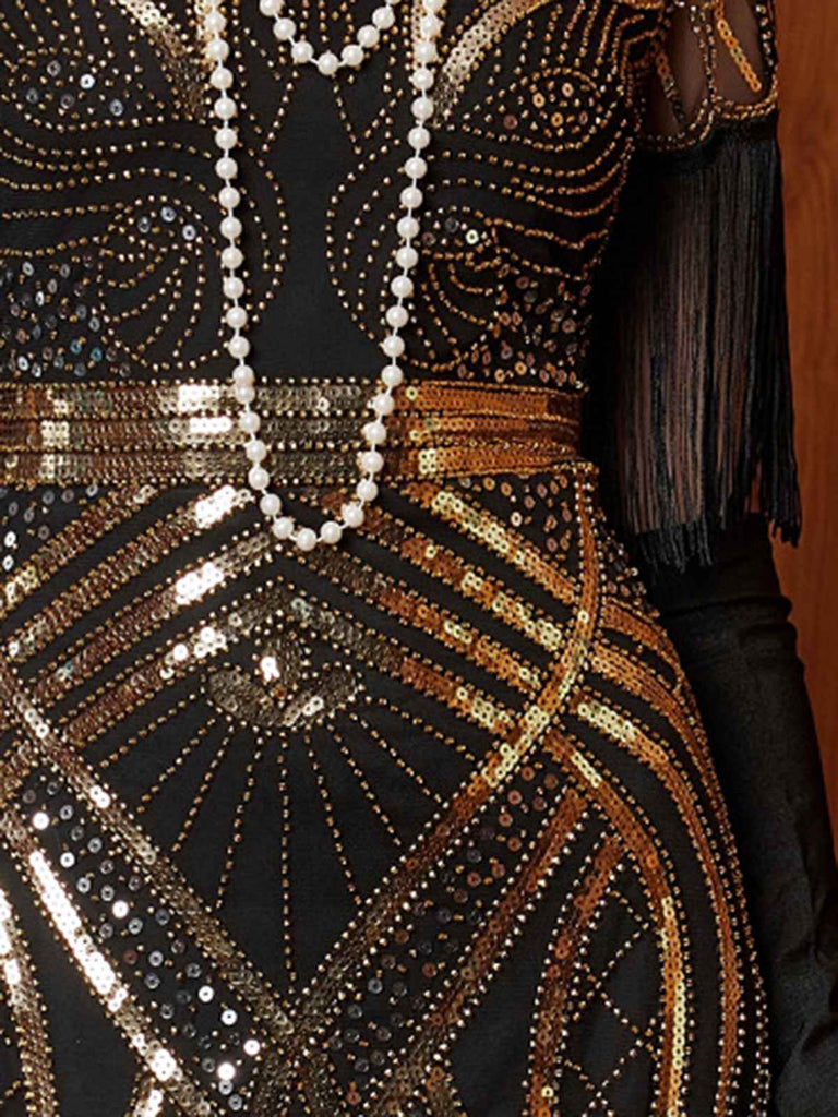 Gold 1920s Sequin Tassel V-Neck Maxi Dress