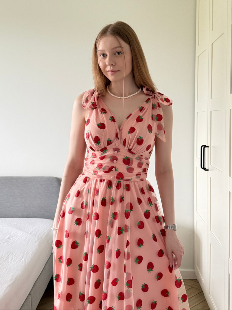 Pink 1950s Strawberry Mesh Swing Dress