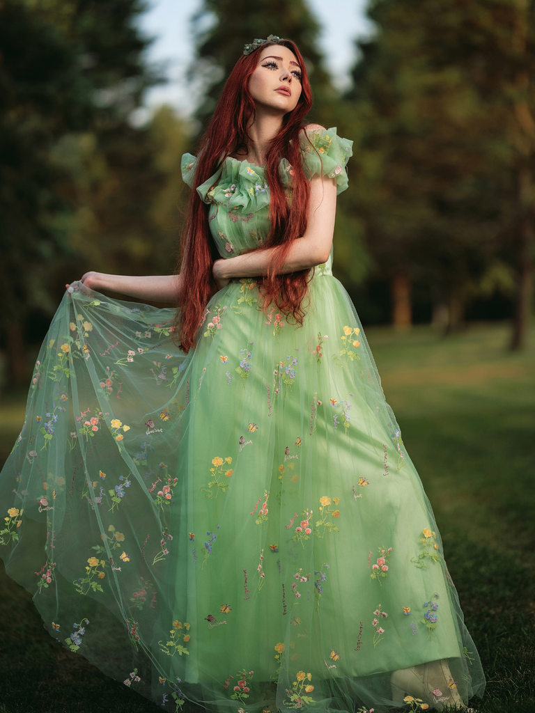 Green 1930s Floral Embroidered Mesh Strapless Dress