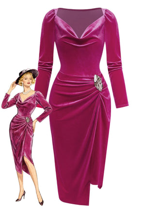 Rose Pink 1960s Cowl Neck Velvet Slit Dress