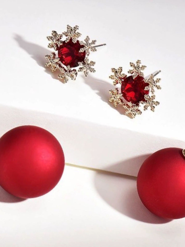 Christmas Red Gem Snowflake Stud Earrings