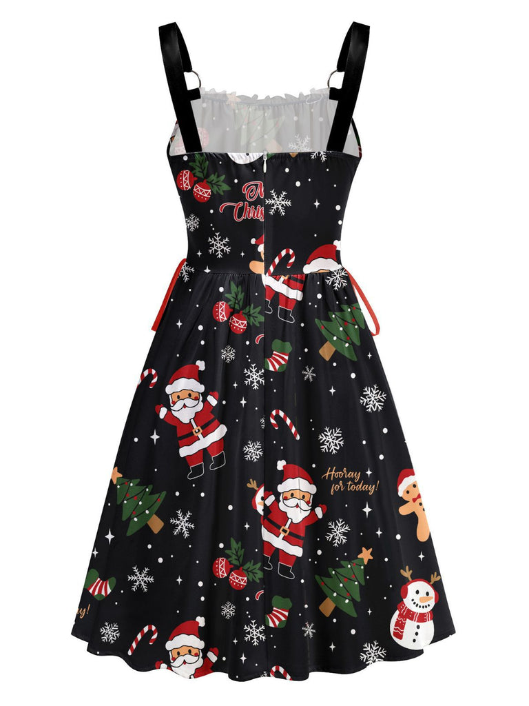Black 1950s Christmas Print Lace-Up Dress