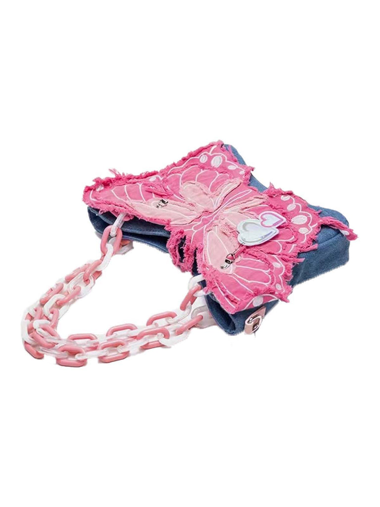 Pink Ripped Denim 3D Butterfly Novelty Bag