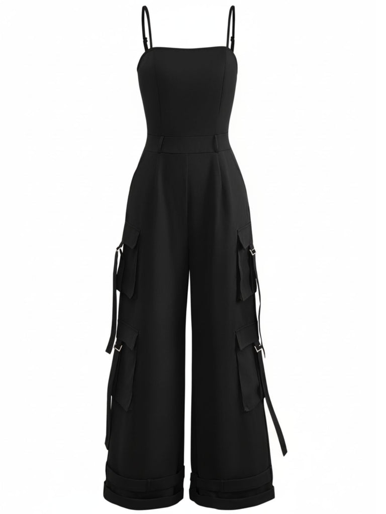 1970s Solid Spaghetti Strap Cargo Style Wide-Leg Jumpsuit
