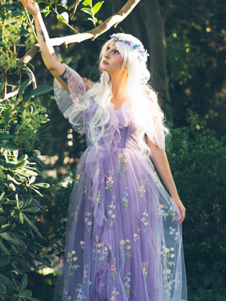 1970s Slip Floral Embroidered Mesh Slit Dress