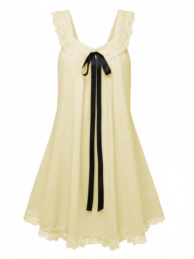 1960s Solid Bow Backless Lace Babydoll Dress