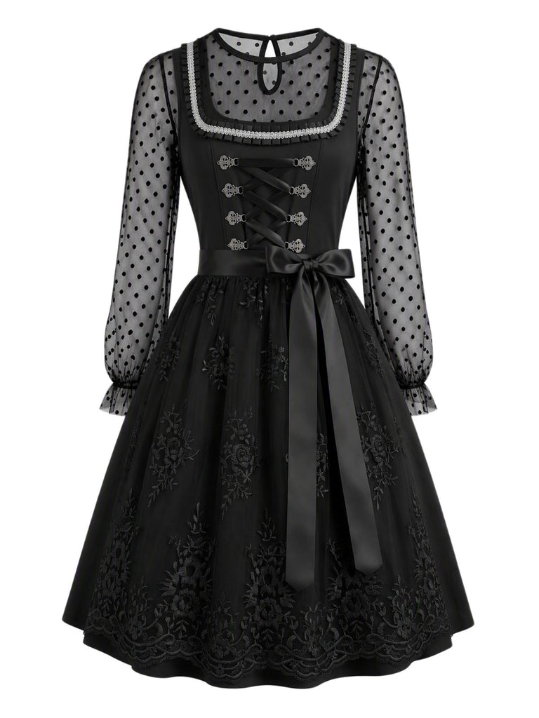 3PCS 1950s Mesh Crop Top &Dress With Floral Embroidered Apron