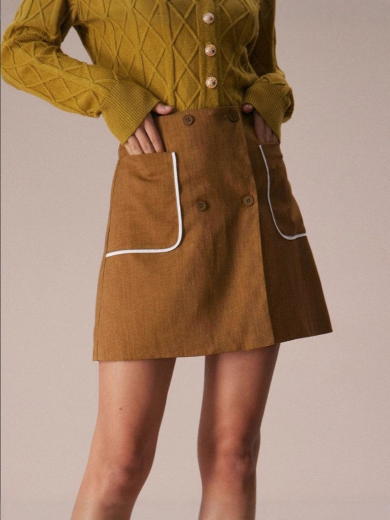 Brown 1980s Button Pocket High Waist A-Line Skirt
