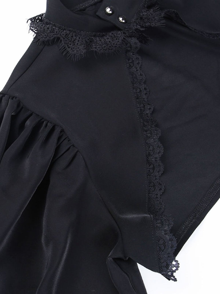 Black 1980s Gothic Lace Stand Collar Top