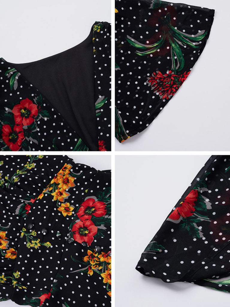 1940s Deep V-Neck Chiffon Polka Dots Floral Dress