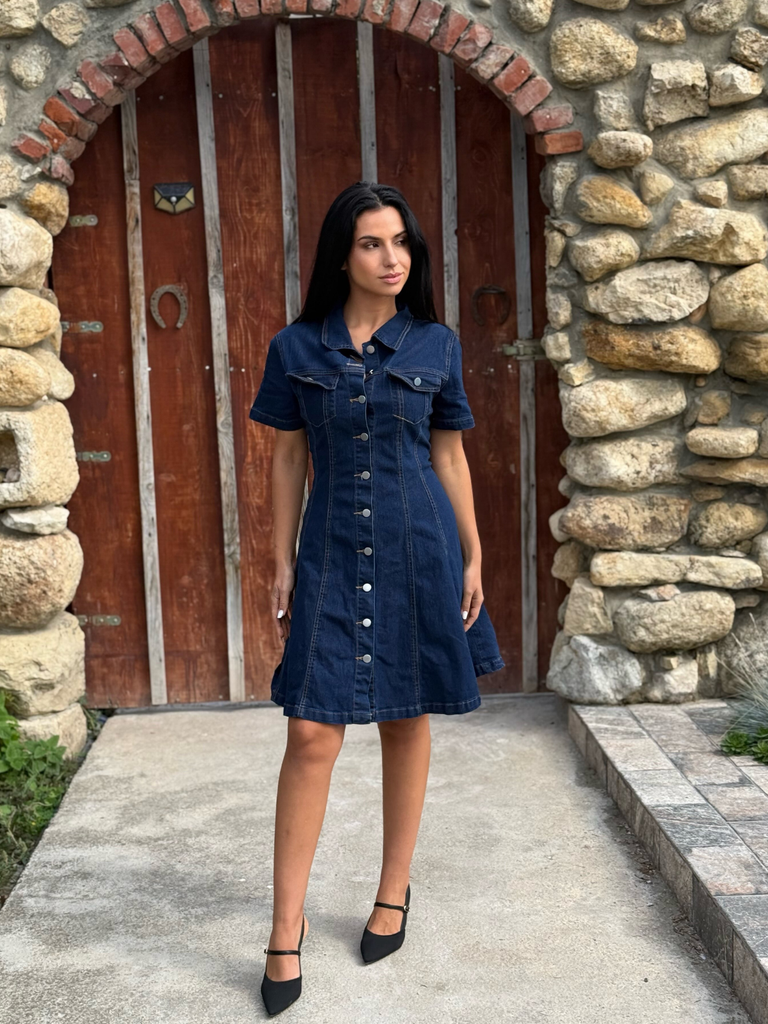Blue 1950s Button Lapel Short Sleeve Denim Dress
