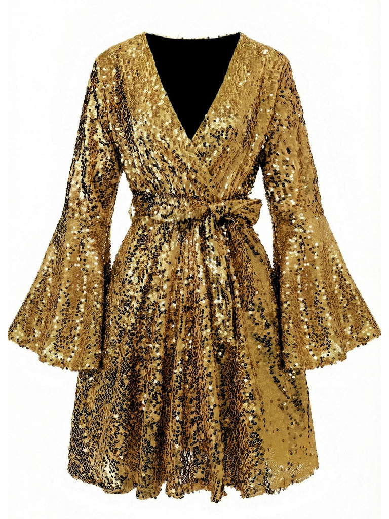 1970s V-Neck Flare Sleeve Sequined Disco Dress