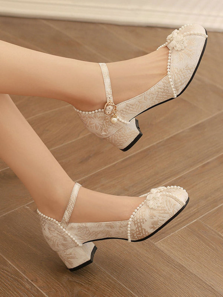 Floral Jacquard Pearl Mary Jane High Heels