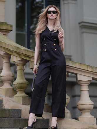 Black 1950s Sleeveless Buttoned Solid Jumpsuit