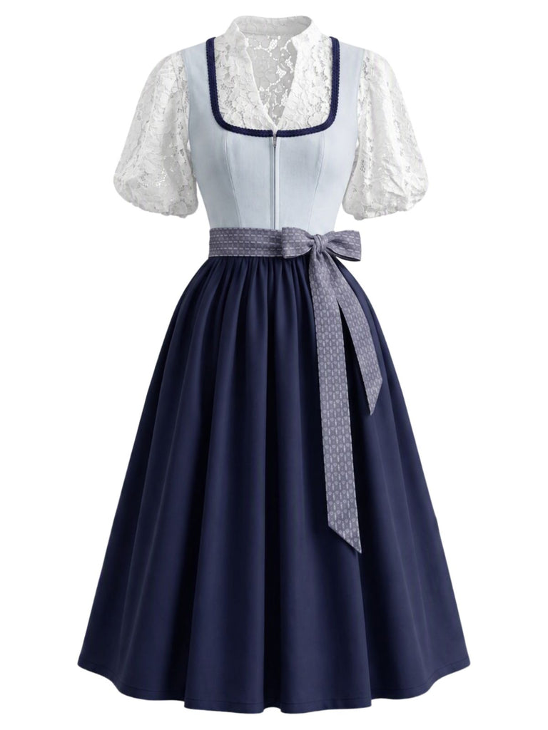 2PCS Blue 1950s Square Neck Floral Dress with Apron & Cropped Top