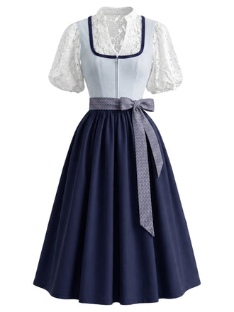 2PCS Blue 1950s Square Neck Floral Dress with Apron & Cropped Top