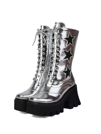 Vintage Steampunk Star Print Platform Mid-Calf Boots