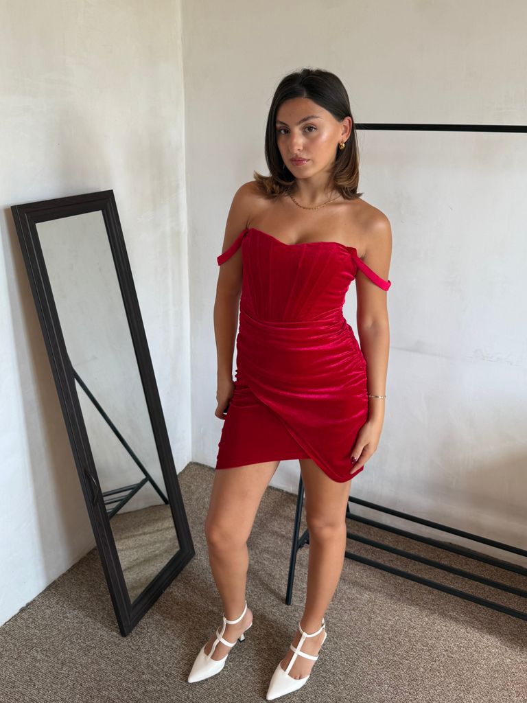 Red 1980s Velvet Corset Ruched Sweetheart Mini Dress