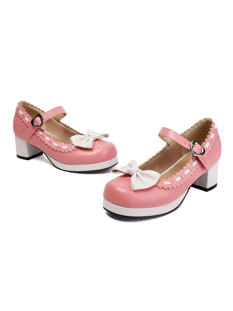Chunky Heel Two Tone Bow Marry Jane Shoes