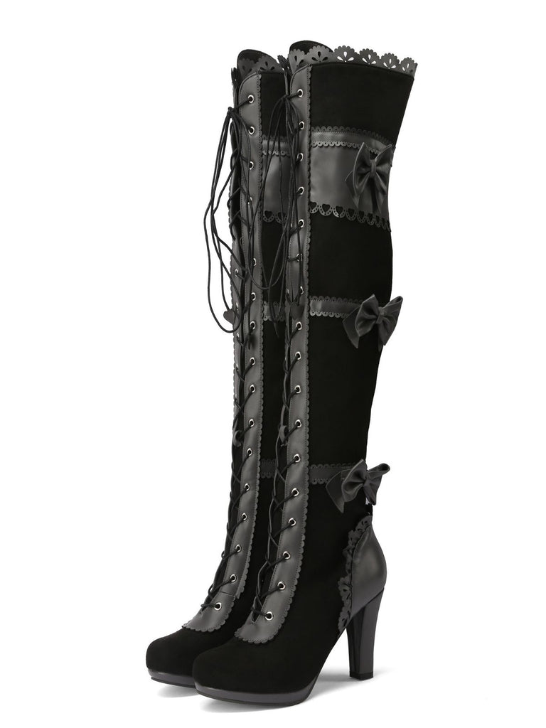 Vintage Bow Lace-Up High Heel Long Boots
