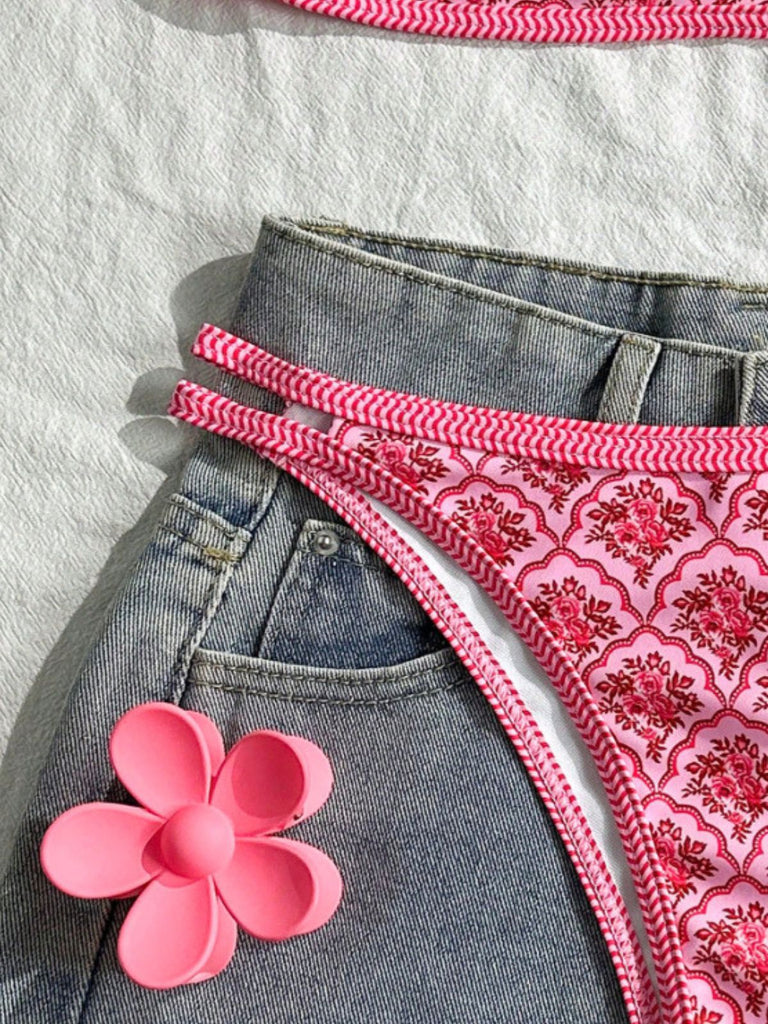 Pink 1960s Floral Print Bikini Set