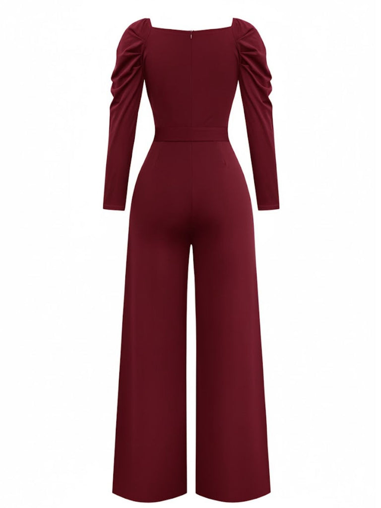 1930s Solid Ruched V-Neck Belted Jumpsuit