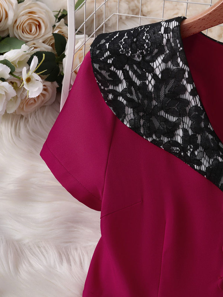 Red 1950s Lace Floral Sailor Collar Swing Dress