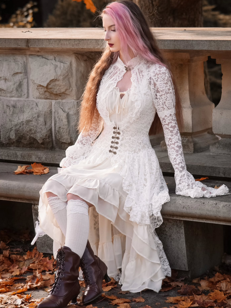 White 1980s Gigot Sleeve Victorian Lace Dress