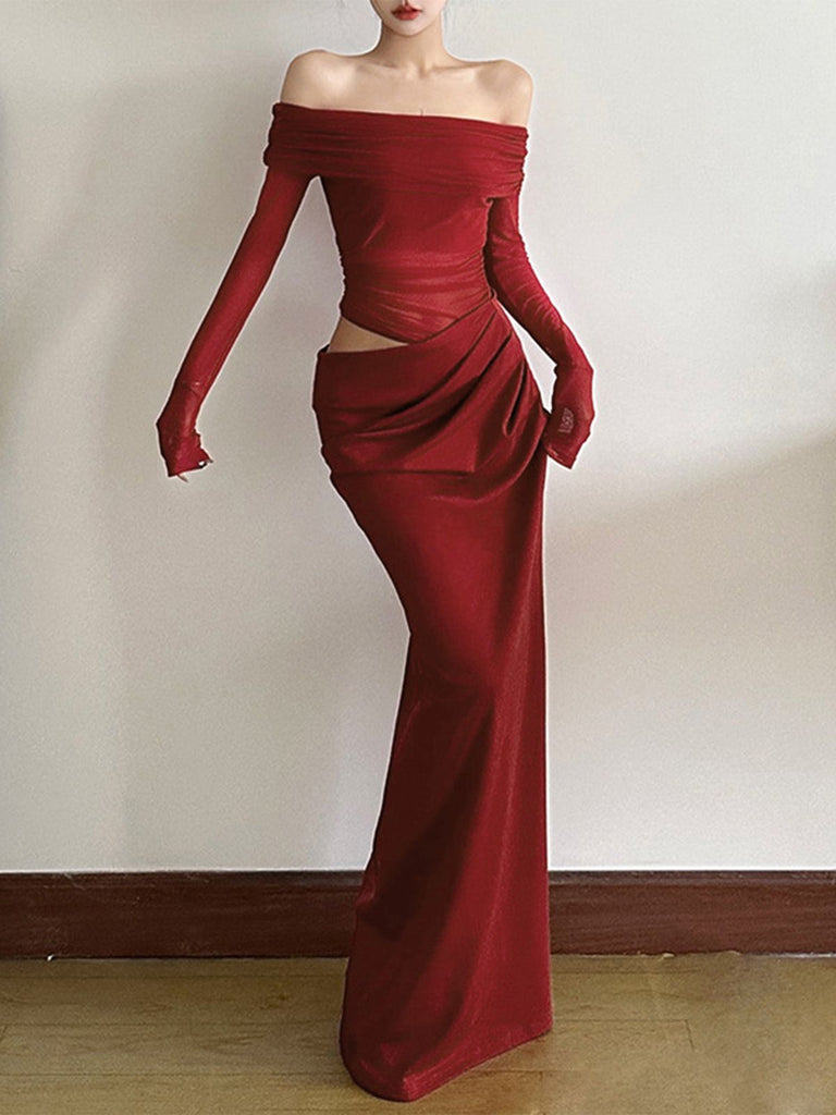 1980s Solid Off-Shoulder Mesh Cut-Out Sheer Dress