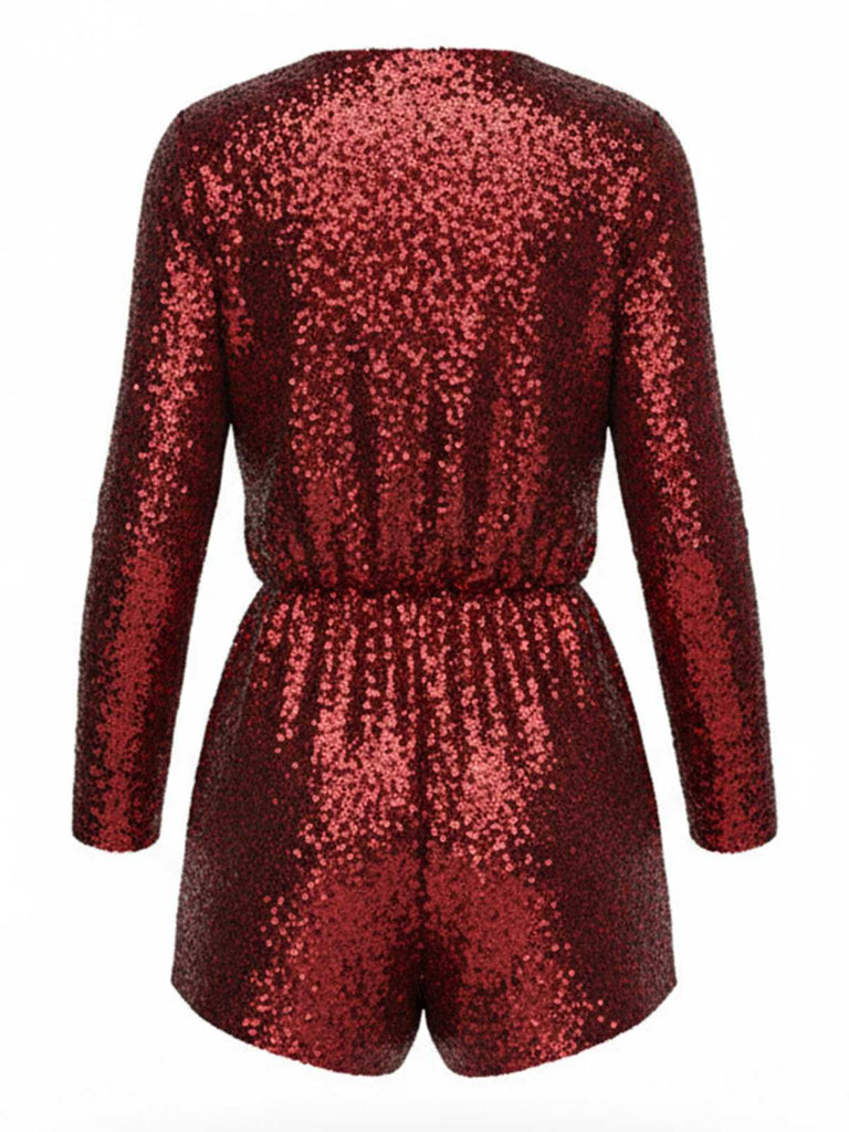 1970s V-Neck Sequin Long Sleeve Romper