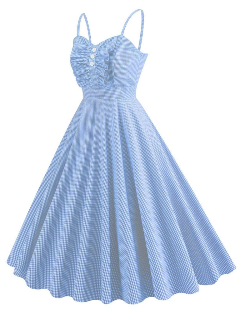 1950s Spaghetti Strap Plaids Button Swing Dress