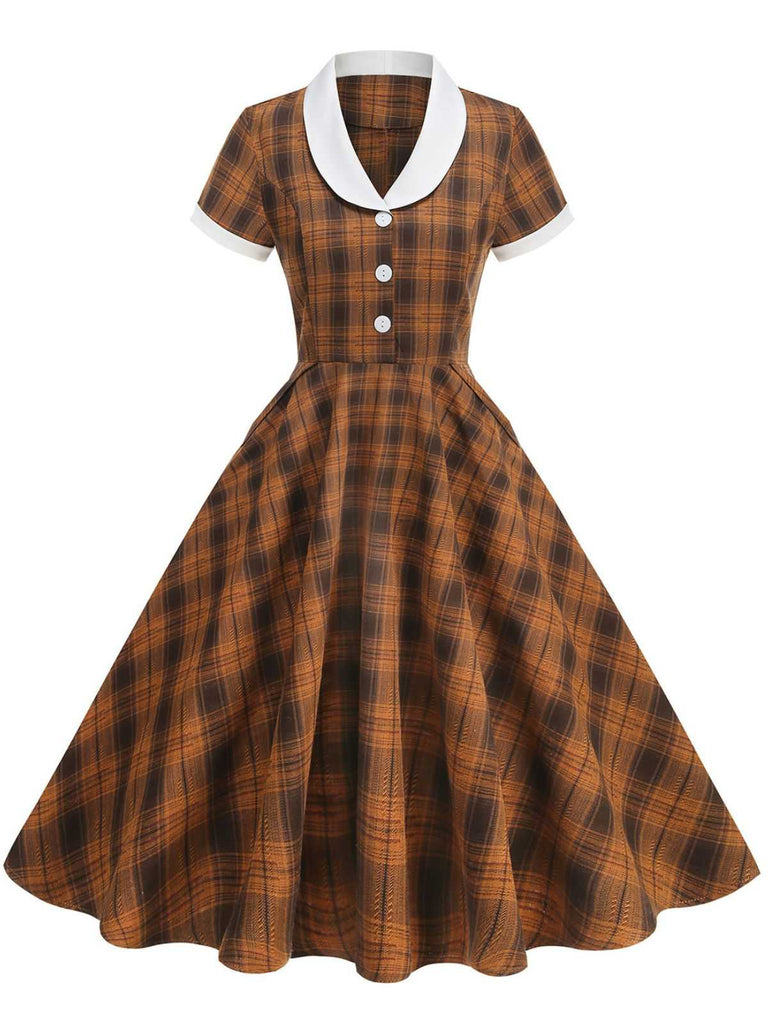 1950s Peter Pan Collar Plaid Swing Dress